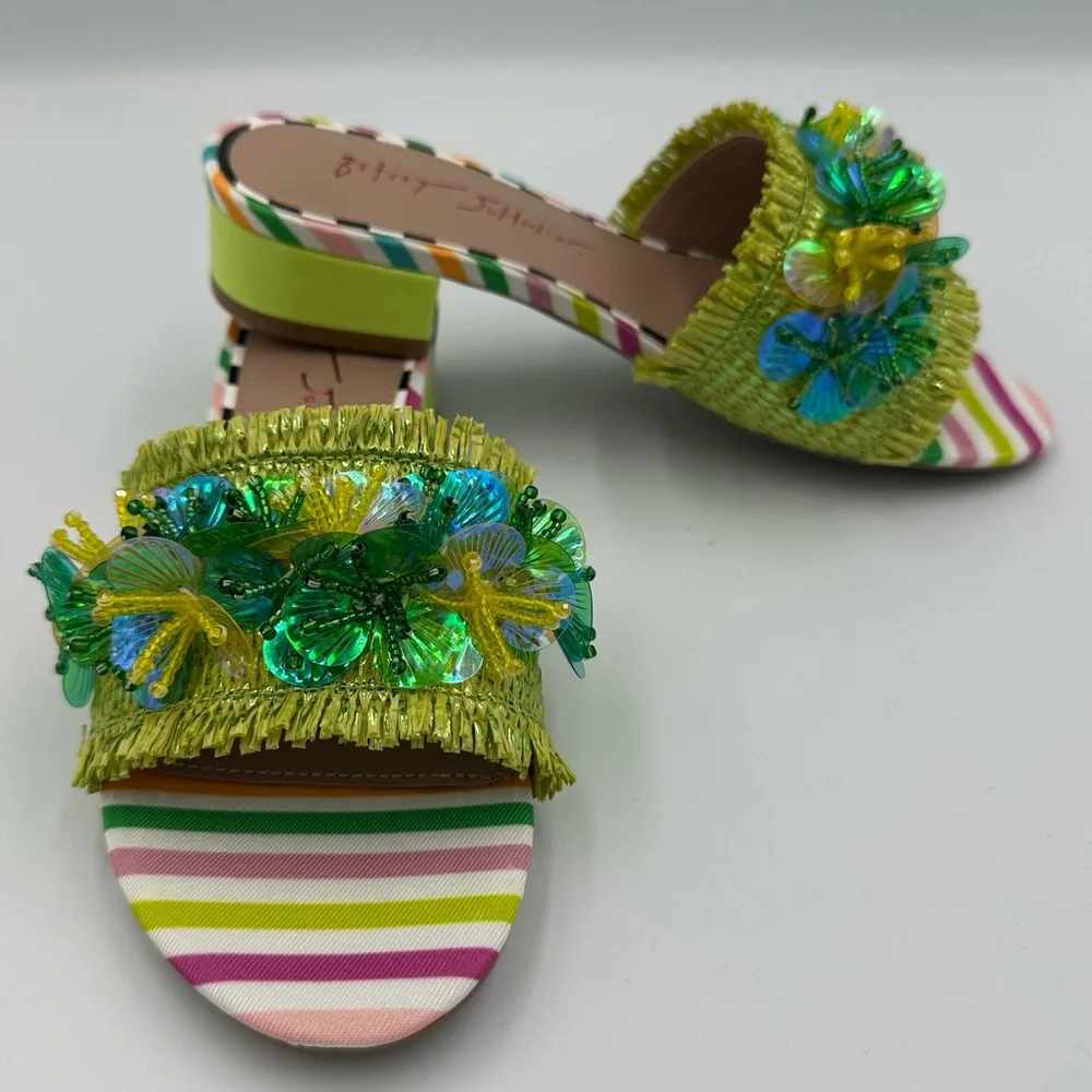 Betsey Johnson PEYTEN Beaded Butterfly Sandals 5.5M Striped Heels new in box